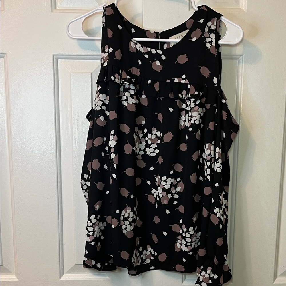 Loft Black Floral Cold Shoulder Long Sleeve Blouse Ruffle‎ Size S